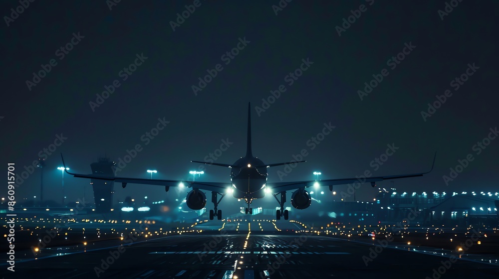 Fototapeta premium illustration of an airplane taking off at the airport, night, with a background full of blurred lights, flight, passenger airplane
