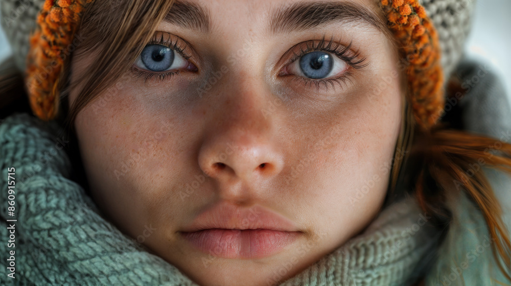 Closeup outdoor portrait of a young girl wearing a knit stocking cap and a gray scarf around her neck. Winter weather. Closeup outdoor portrait of a young girl wearing a knit stocking cap and a gray scarf around her neck. Winter weather.