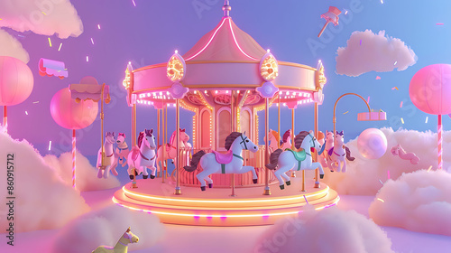 3d illustration A carousel with candy animals and colorful light