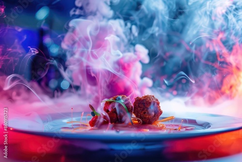 molecular gastronomy spaghetti deconstructed meatballs edible fog levitating sauce droplets artistic plating futuristic kitchen backdrop vibrant colors photo