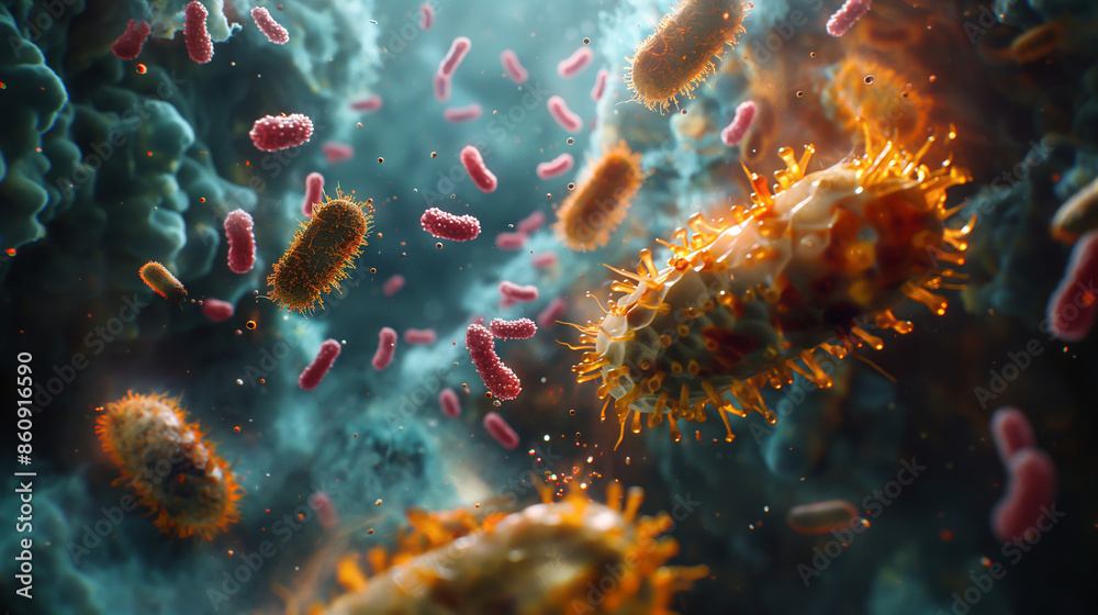 Abstract illustration of bacteria and viruses in a colorful, swirling environment. Suitable for medical and scientific visuals. Abstract illustration of bacteria and viruses in a colorful, swirling environment. Suitable for medical and scientific visuals.