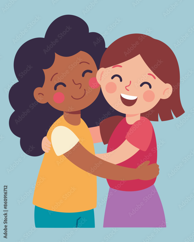 Two girls hugging and smiling for a friend's celebration. Illustration of people hugging together. Celebrating Happy Friendship Day Two girls hugging and smiling for a friend's celebration. Illustration of people hugging together. Celebrating Happy Friendship Day