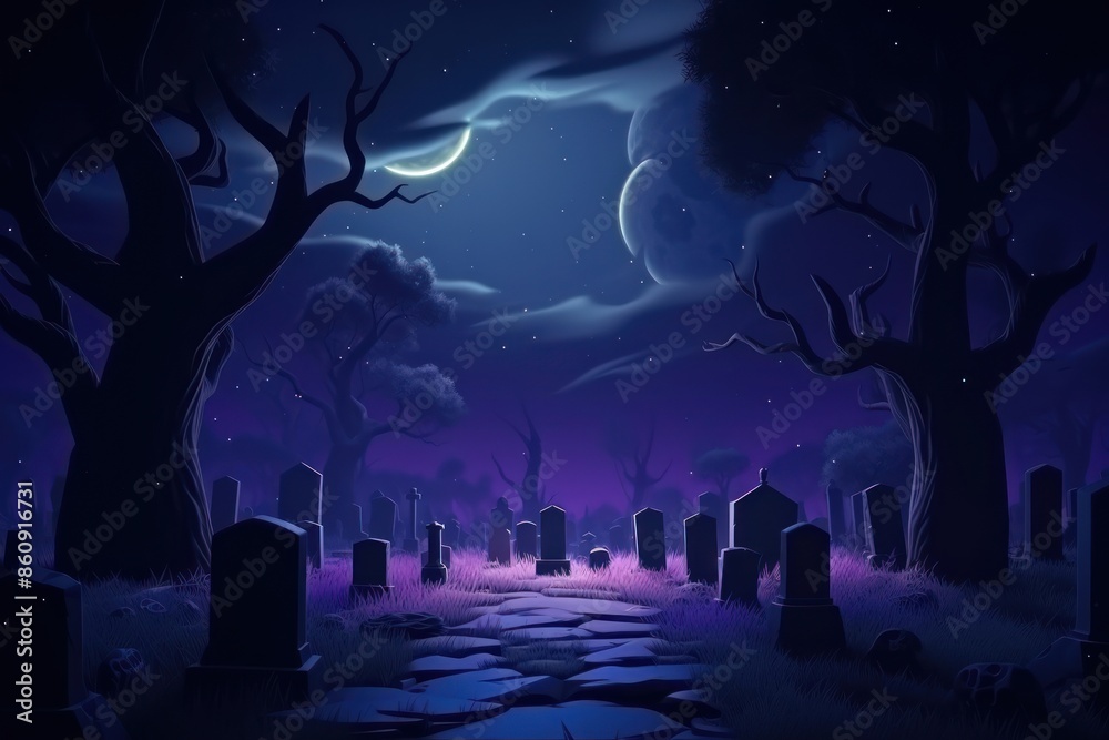 Obraz premium Night landscape graveyard outdoors.