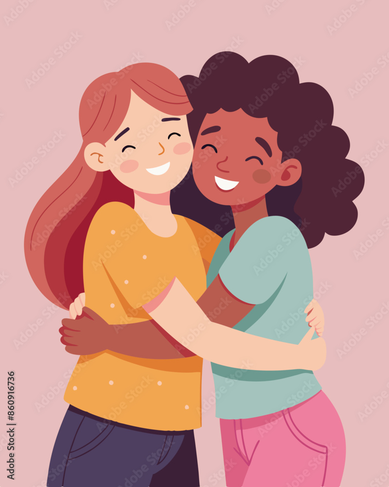 Two girls hugging and smiling for a friend's celebration. Illustration of people hugging together. Celebrating Happy Friendship Day