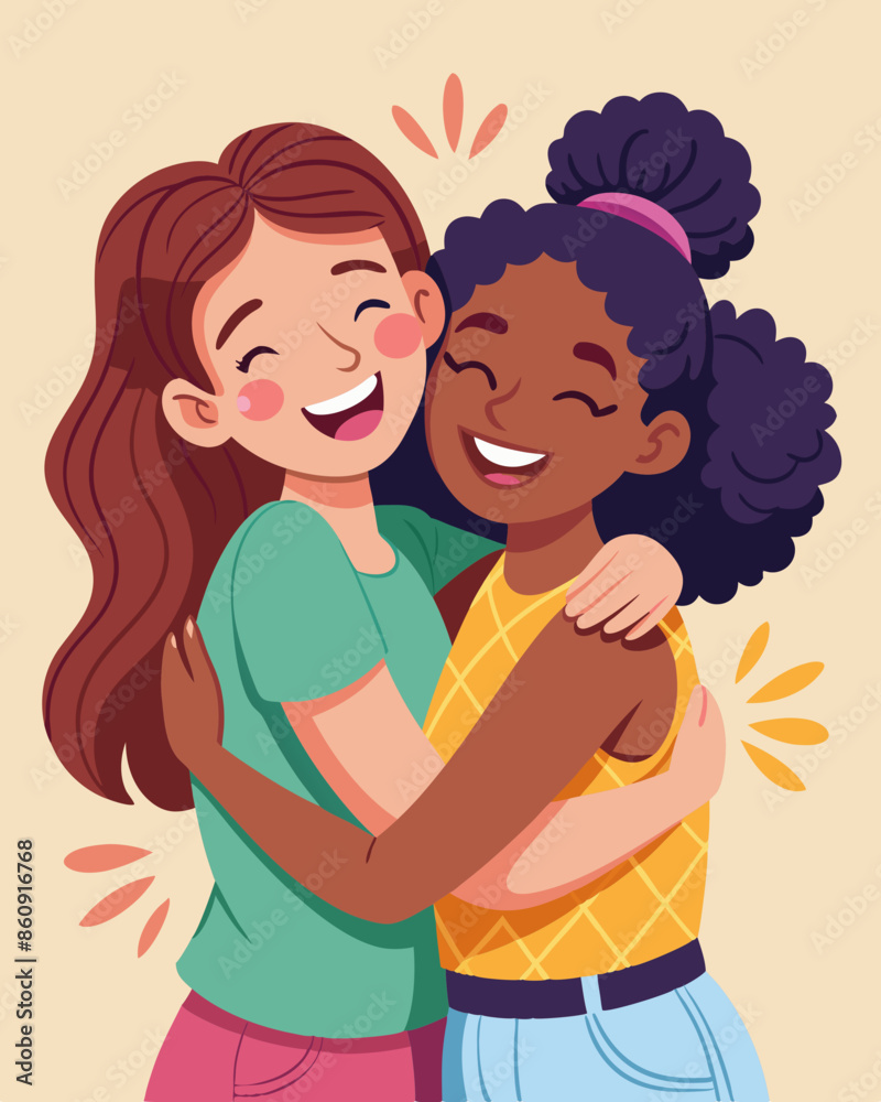 Two girls hugging and smiling for a friend's celebration. Illustration of people hugging together. Celebrating Happy Friendship Day