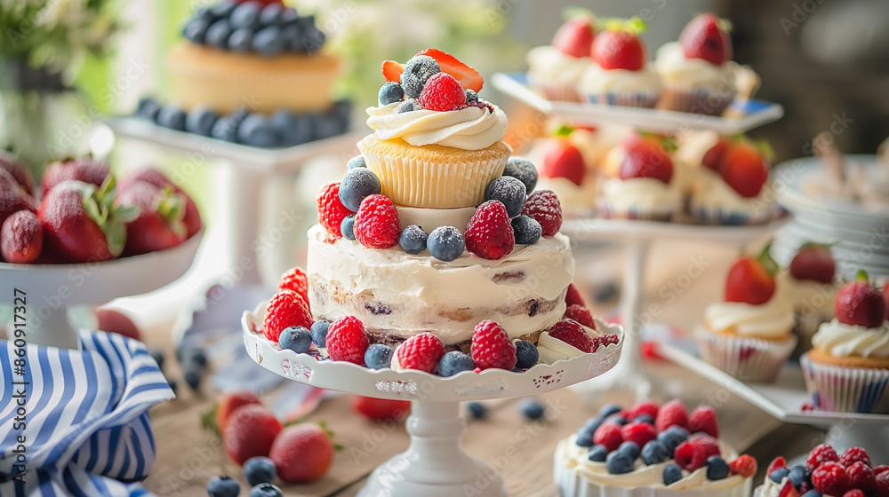 A patriotic-themed dessert table with cakes, cupcakes, and fruit platters, US Independence Day, delicious, hd, inviting with copy space