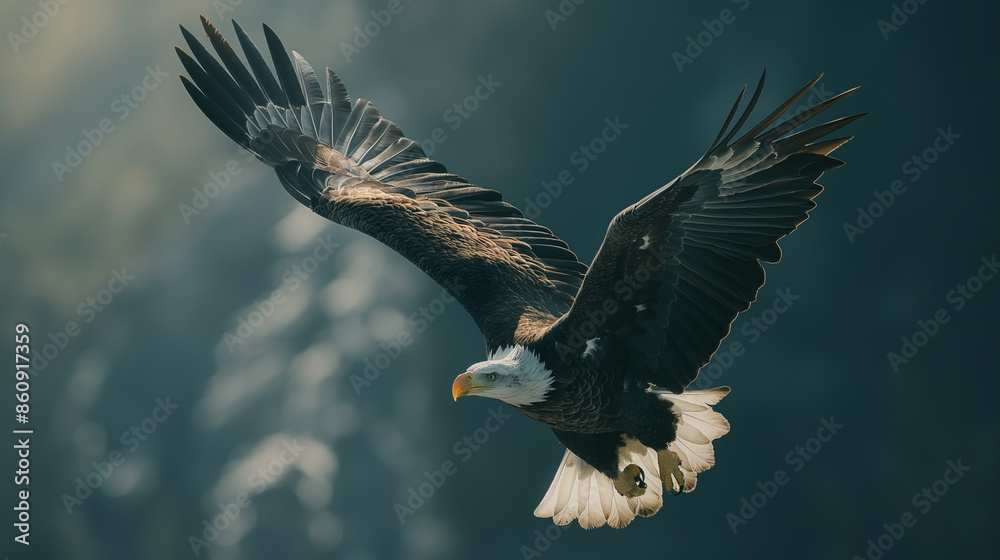 Fototapeta premium A bald eagle soaring high with an American flag in the background, US Independence Day, majestic, hd, powerful with copy space