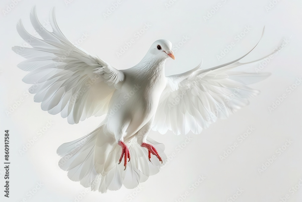 pristine white dove in flight against a pure white background emphasizing the birds graceful form and delicate feathers with subtle shadows and highlights