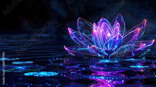 Glowing Wireframe Lotus in a Digital Sea