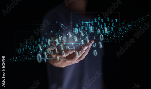 Digital Technology 0101 Internet Network Connection Number Big Data Internet IoT Digital Marketing Man with open hands with modern icons surfing the internet metaverse future of innovative technology.