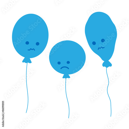 Circle, oval and deflated balloons with sad smiley face in minimalistic style Blue Monday concept