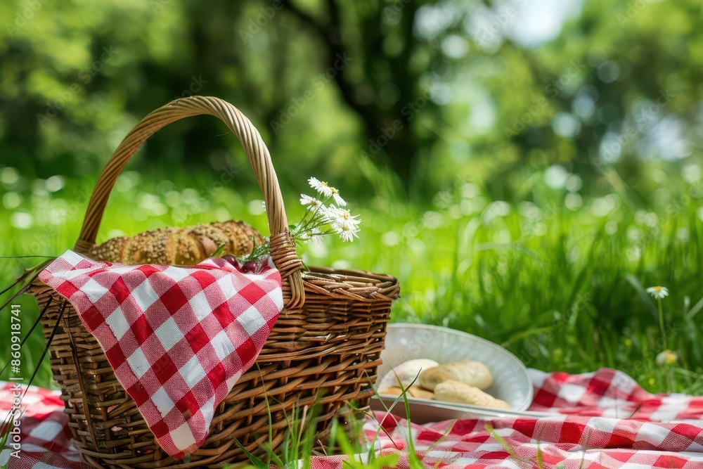 rustic wicker picnic basket overflowing with gourmet treats set on a red and white checkered blanket in a lush green meadow rustic wicker picnic basket overflowing with gourmet treats set on a red and white checkered blanket in a lush green meadow