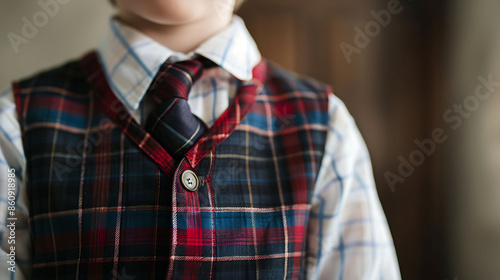 A child wears a school uniform isolated on a plain