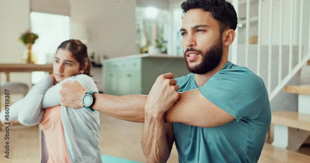 Couple, exercise and stretching on floor in home with arms, muscle and ready for workout with fitness. Man, woman and together with partner, progress and development for health, wellness and yoga Couple, exercise and stretching on floor in home with arms, muscle and ready for workout with fitness. Man, woman and together with partner, progress and development for health, wellness and yoga