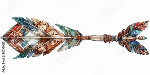 Watercolor clipart of inspired arrowhead with tribal design on a white background; photo