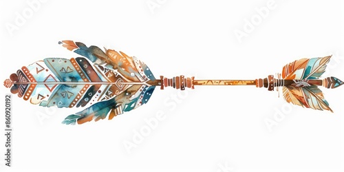 Watercolor clipart of inspired arrowhead with tribal design on a white background; photo