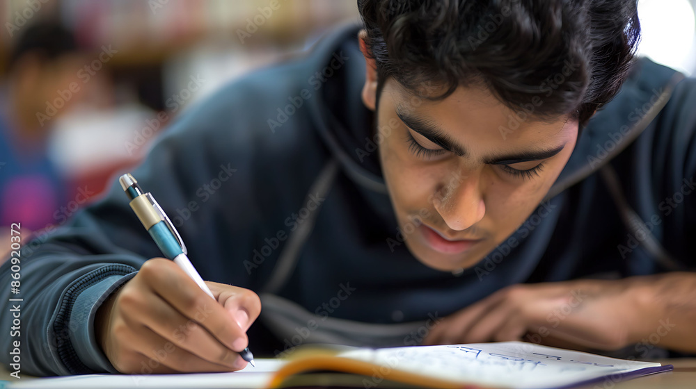 A student studies in a quiet library A student studies in a quiet library