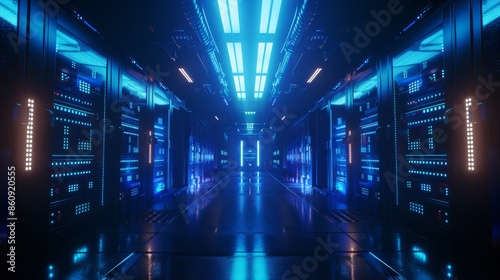 Modern Data Center with Blue Neon Lights, Generative AI © studio clever