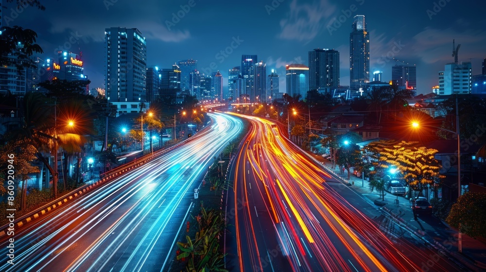 A long exposure photo of High speed urban traffic on a modern city highway , rush hour traffic and car headlights and busy night transport captured by motion blur lighting effect A long exposure photo of High speed urban traffic on a modern city highway , rush hour traffic and car headlights and busy night transport captured by motion blur lighting effect