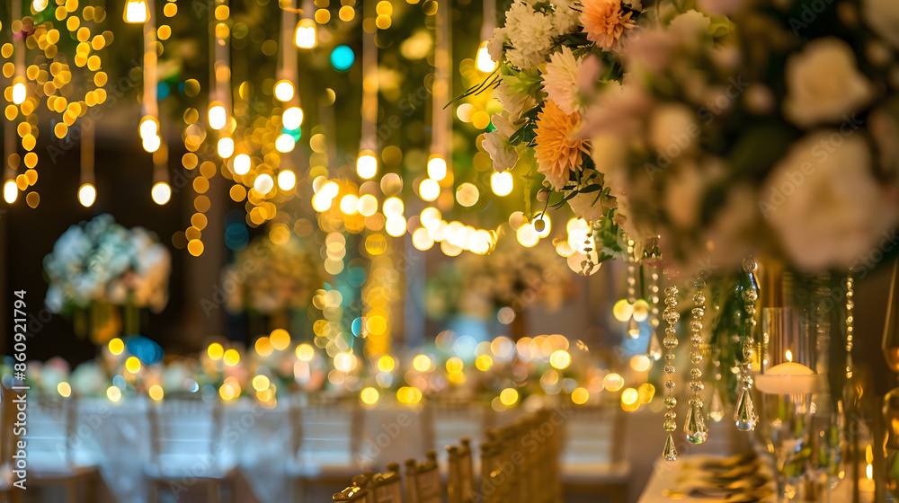 luxurious dinner tables with hanging lights decoration with flowers wedding background Image : Generative AI luxurious dinner tables with hanging lights decoration with flowers wedding background Image : Generative AI