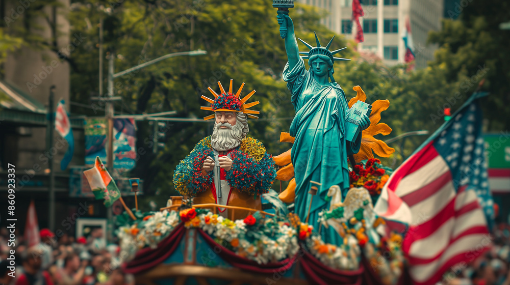 Obraz premium A decorated float in a parade featuring the Statue of Liberty and Uncle Sam, US Independence Day, symbols, hd, colorful with copy space