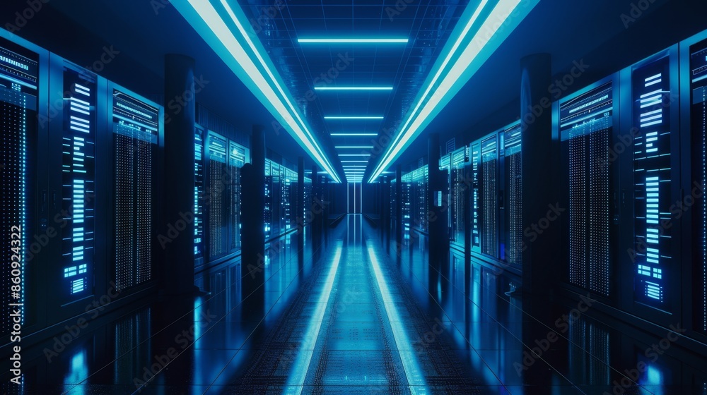 Modern Data Center with Blue LED Lighting, Generative AI Modern Data Center with Blue LED Lighting, Generative AI