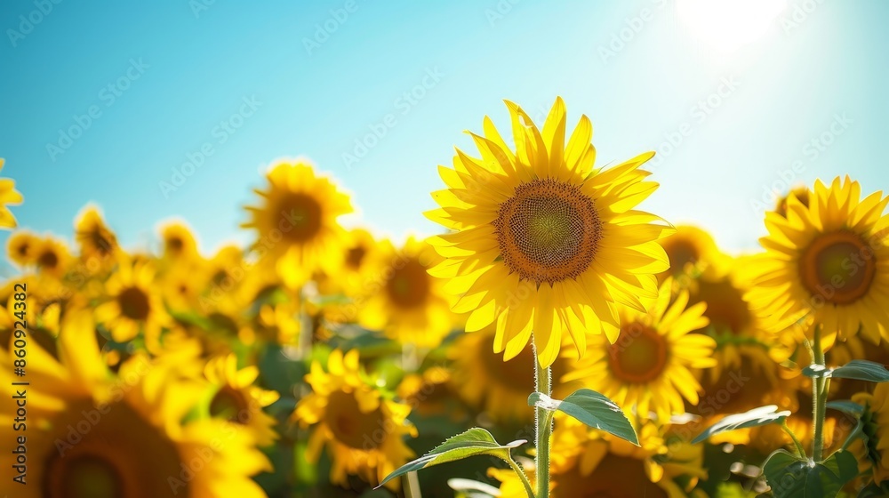 Naklejka premium Vast field of sunflowers in full bloom, vibrant yellow petals facing the camera under a clear blue sky, panoramic view, capturing the essence of summer