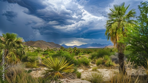 Tropical rainstorm on palm leaves, high desert vista, dark clouds rolling in, vivid contrast between greenery and desert