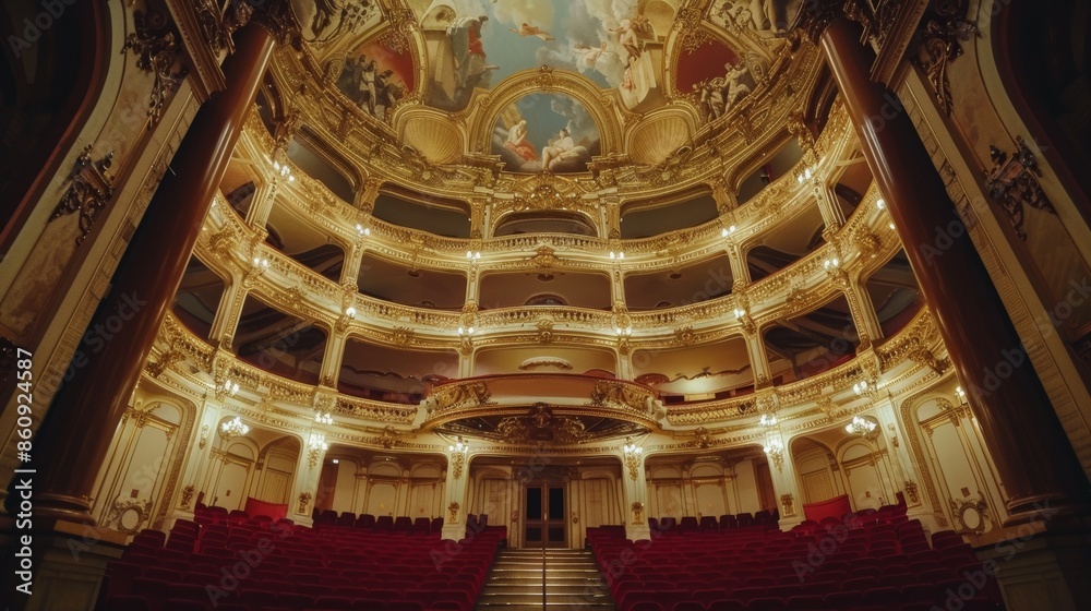 Obraz premium Stunning architectural details of an opera house, featuring intricate frescoes on the ceiling, ornate balconies, and plush red carpets, radiating elegance