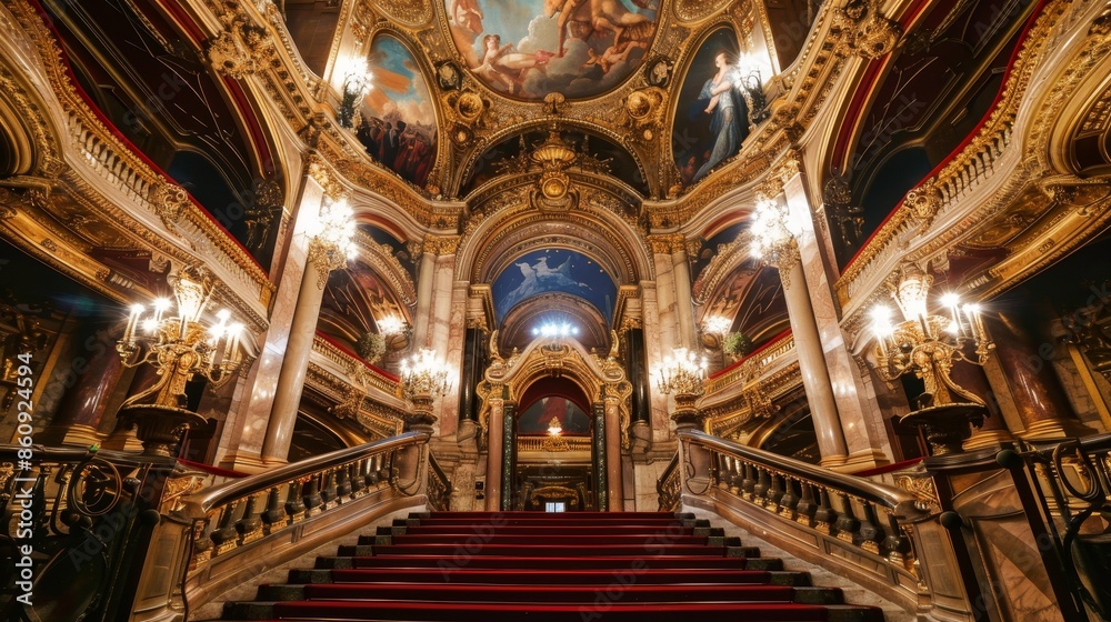 Obraz premium Stunning architectural details of an opera house, featuring intricate frescoes on the ceiling, ornate balconies, and plush red carpets, radiating elegance