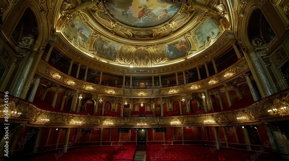 Obraz premium Stunning architectural details of an opera house, featuring intricate frescoes on the ceiling, ornate balconies, and plush red carpets, radiating elegance