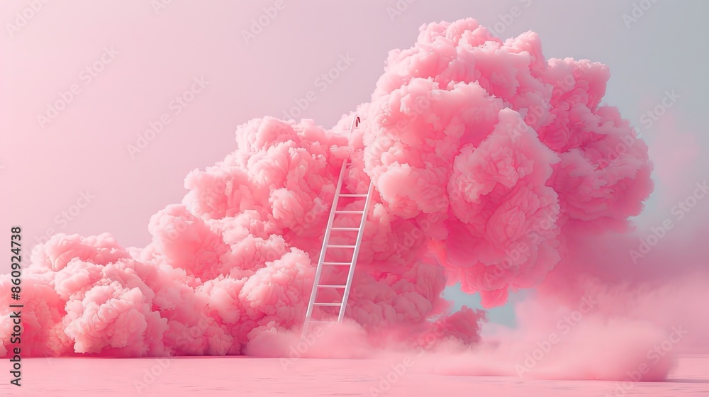 Surreal scene with a pink fluffy cloud, white ladder stretching up to it, and a soothing pink backdrop, blending whimsy and tranquility Surreal scene with a pink fluffy cloud, white ladder stretching up to it, and a soothing pink backdrop, blending whimsy and tranquility