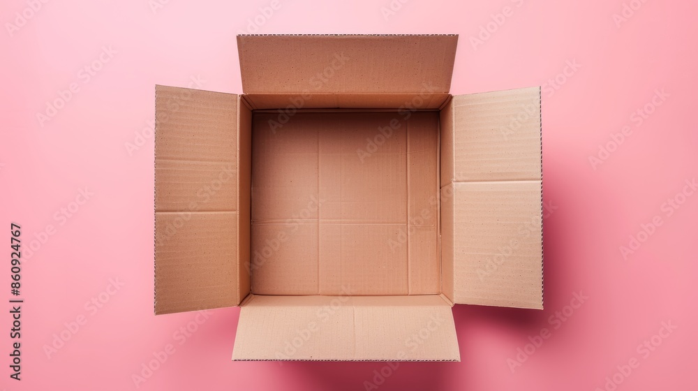 Top angle shot of an empty cardboard box, flaps open, on a pink surface Top angle shot of an empty cardboard box, flaps open, on a pink surface
