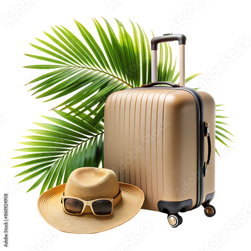 suitcase sunglasses with palm leaves and straw photo