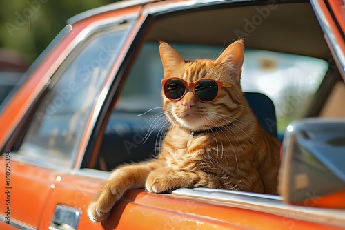 Cool cat wearing sunglasses and sitting in a car.