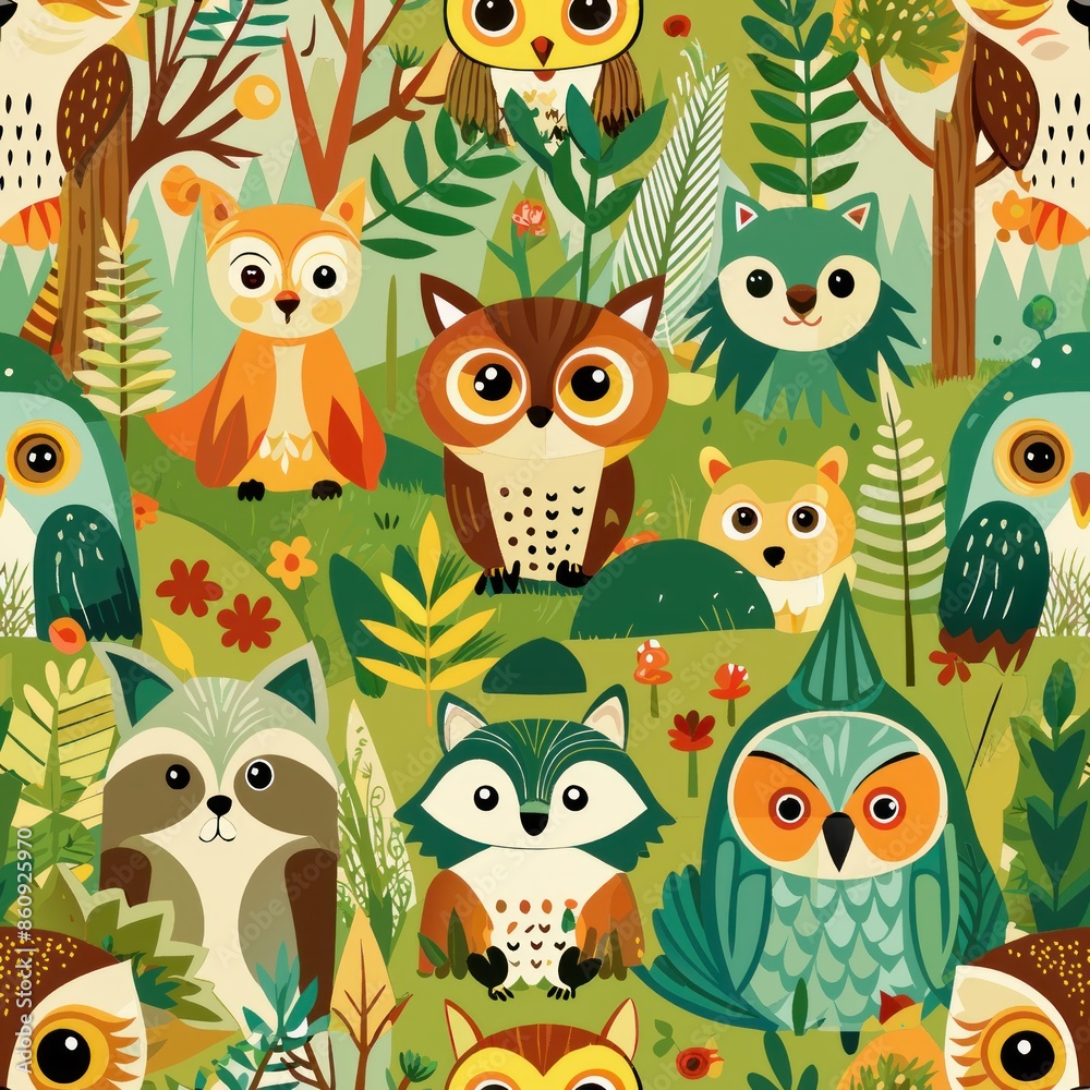 Obraz premium Seamless pattern of whimsical forest animals such as foxes, owls, and raccoons, peeking out from behind trees and ferns in a colorful woodland scene, Generative AI