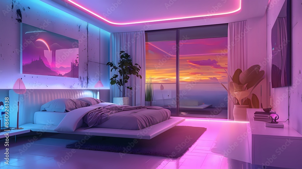 Modern bedroom interior design with pink and blue neon lights, overlooking a sunset.
