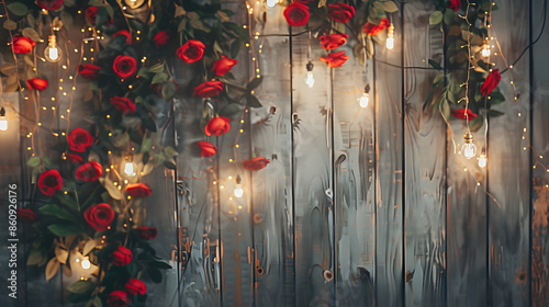 Rustic wedding photo zone Hand made wedding decorations includes Photo Booth  red flowers Garlands and light bulbs : Generative AI photo