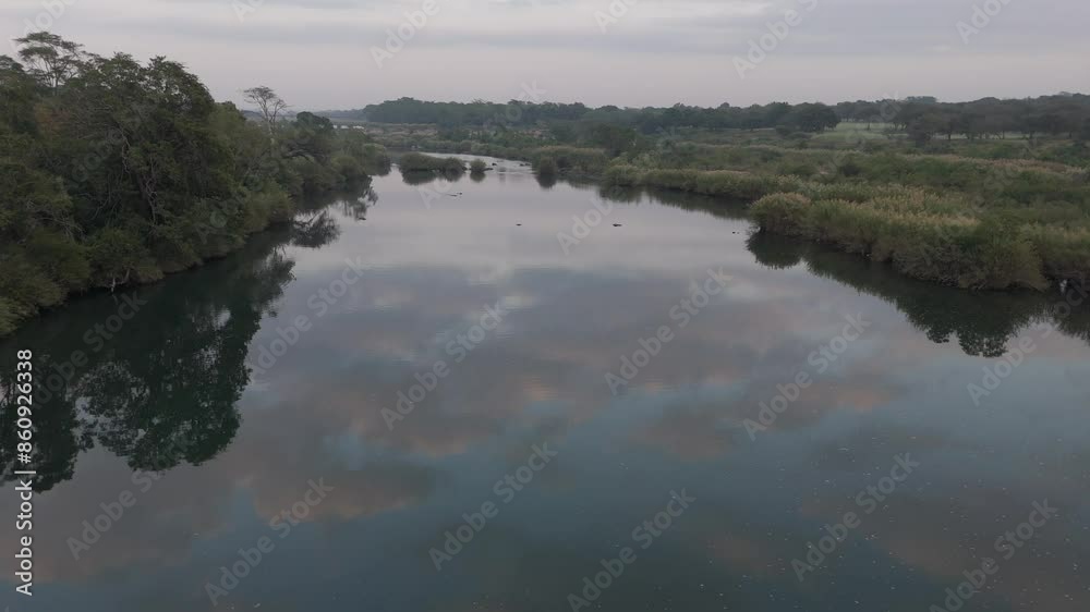 Drone flies low over the seasonal Komati River, revealing the vastness of the bushveld. South Africa. Drone flies low over the seasonal Komati River, revealing the vastness of the bushveld. South Africa.
