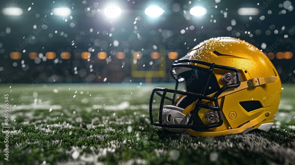Fototapeta premium Yellow football helmet on field, dark background, dynamic stadium lights, intense game atmosphere