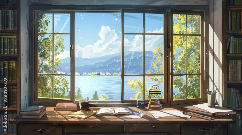 work/study space overlooking the beautiful lake and mountains creates a comfortable and calm atmosphere, making the mind more relaxed and focused when working work/study space overlooking the beautiful lake and mountains creates a comfortable and calm atmosphere, making the mind more relaxed and focused when working