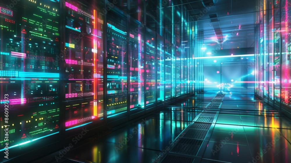 Futuristic Data Center with Neon Lights, Generative AI