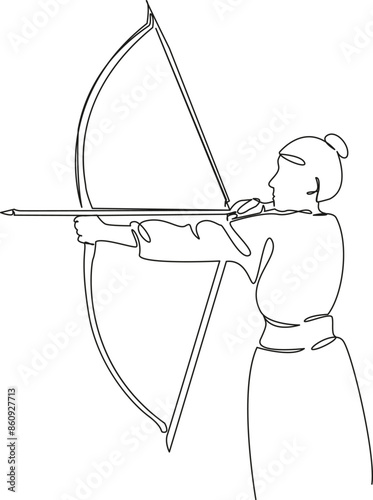 One continuous line drawing on a white isolated background. Linear illustration of minimalism. sport archery. girl shoots from a bow. the athlete is engaged in archery.