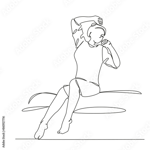 One continuous line drawing on a white isolated background. Linear illustration of minimalism. Good morning. the girl woke up and stretched. the woman woke up.