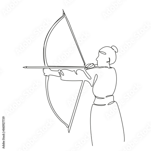 One continuous line drawing on a white isolated background. Linear illustration of minimalism. sport archery. girl shoots from a bow. the athlete is engaged in archery.