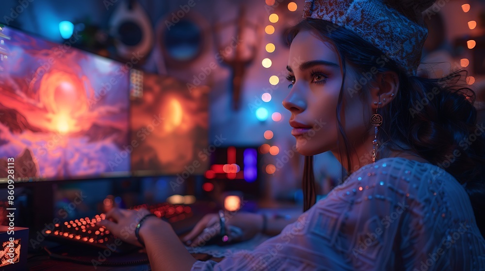 A realistic and immersive scene of a gamer playing an RPG game, with the room decorated with fantasy-themed items such as wizard hats, enchanted artifacts, and mystical symbols. A realistic and immersive scene of a gamer playing an RPG game, with the room decorated with fantasy-themed items such as wizard hats, enchanted artifacts, and mystical symbols.