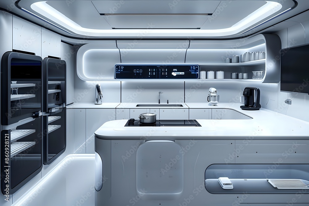 Futuristic kitchen interior design with white cabinets and sleek appliances. Futuristic kitchen interior design with white cabinets and sleek appliances.