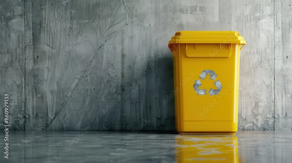 Bright yellow recycling bin with a recycling symbol stands against a textured concrete wall, emphasizing environmental responsibility. Bright yellow recycling bin with a recycling symbol stands against a textured concrete wall, emphasizing environmental responsibility.