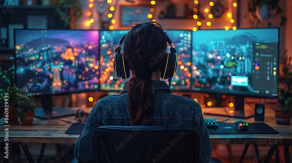 A realistic depiction of a gamer in front of a professional streaming setup, with a camera, microphone, green screen, and dual monitors showing the game and chat overlay. A realistic depiction of a gamer in front of a professional streaming setup, with a camera, microphone, green screen, and dual monitors showing the game and chat overlay.