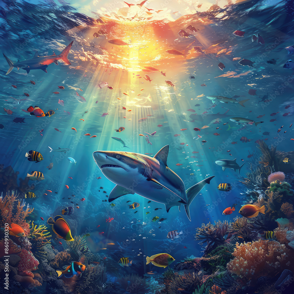 Fototapeta premium Aquatic Symphony: Witnessing the Harmony of Sea Creatures and Coral Reefs